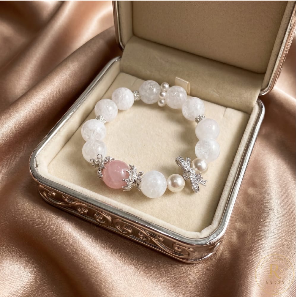Natural Snow Phantom & Rose Quartz Bracelet with Crystal Bow Charm