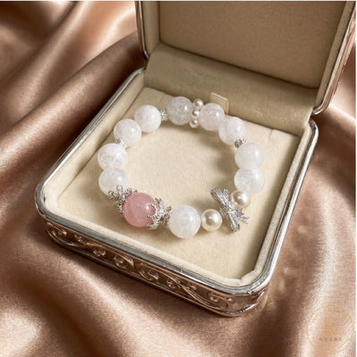 Natural Snow Phantom & Rose Quartz Bracelet with Crystal Bow Charm