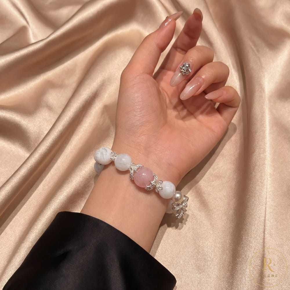 Natural Snow Phantom & Rose Quartz Bracelet with Crystal Bow Charm