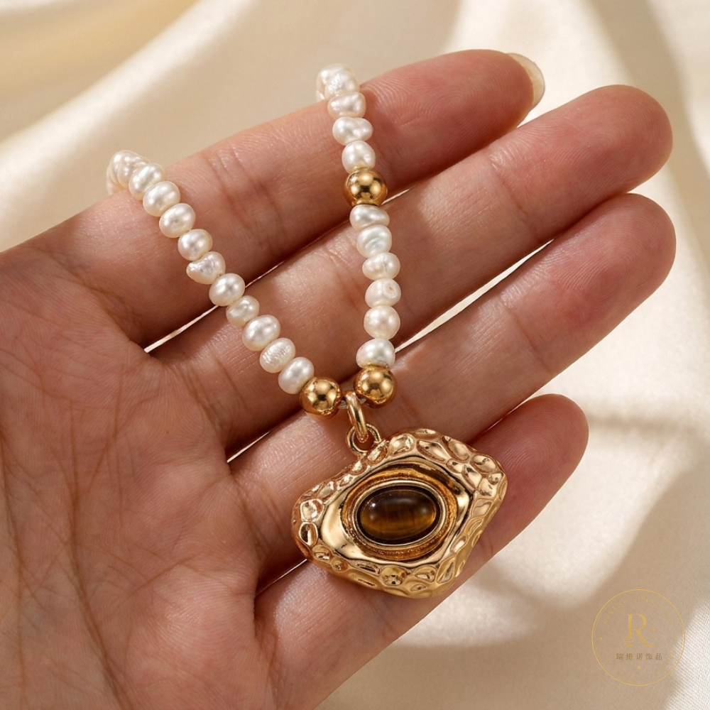Vintage Tiger Eye Pearl Necklace