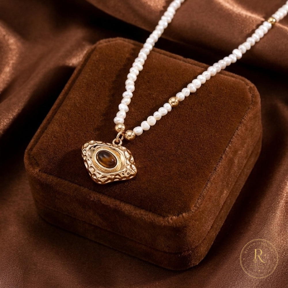 Vintage Tiger Eye Pearl Necklace