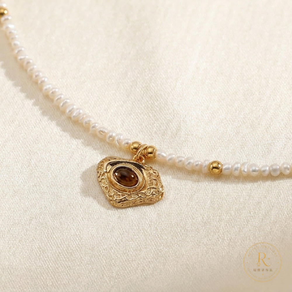 Vintage Tiger Eye Pearl Necklace