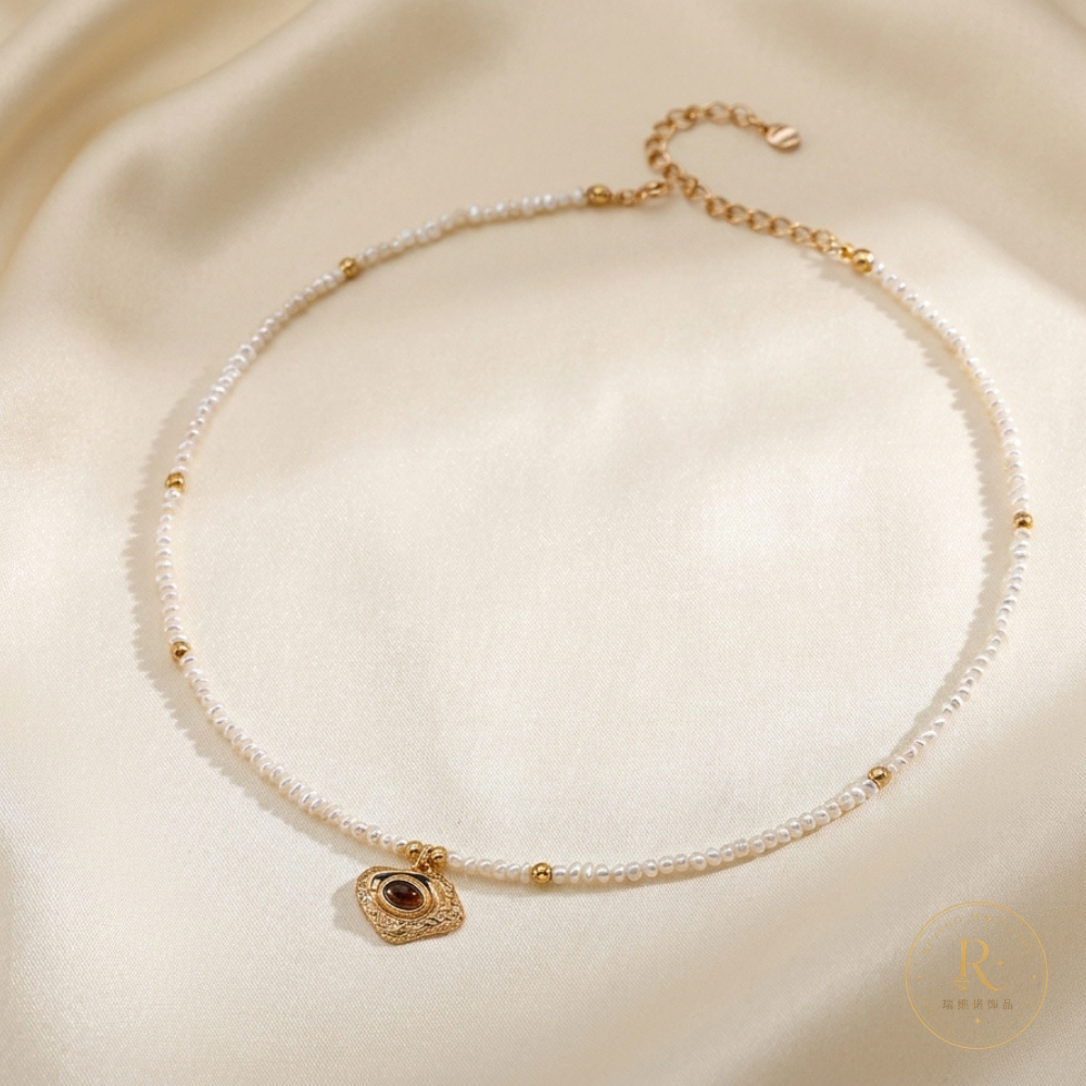 Vintage Tiger Eye Pearl Necklace